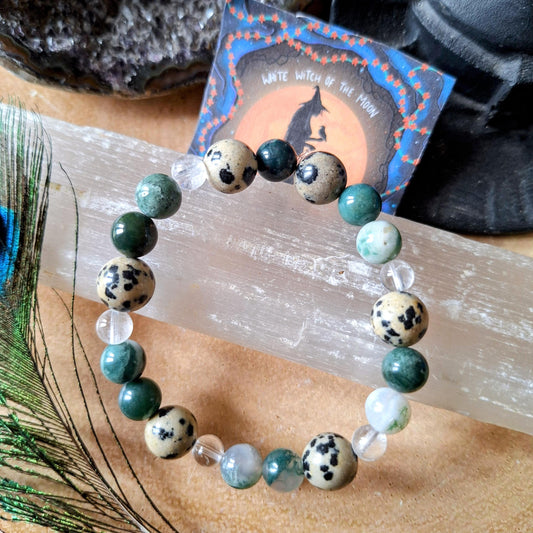 Connect with Nature and Animals Bracelet Crystal healing Moss Agate Tree agate and dalmation jasper witchy gift for her