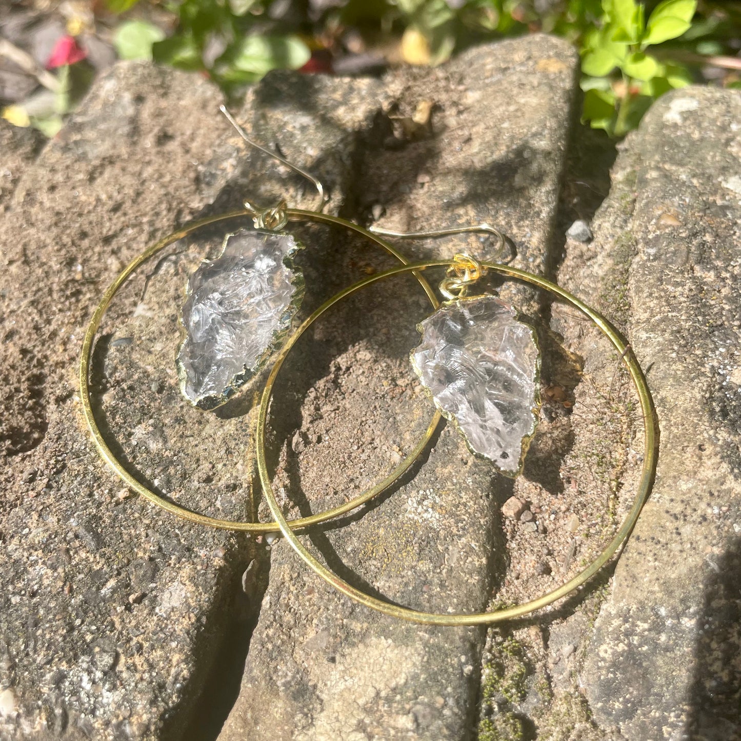 Clear Quartz Raw Arrow Gold Hoop Earrings