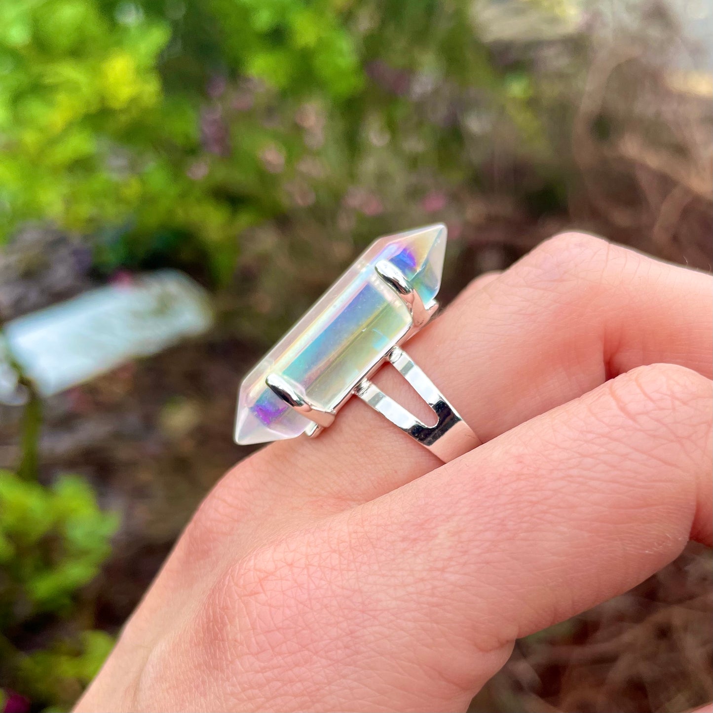 Angel Aura Quartz Double Terminated Point Adjustable Ring