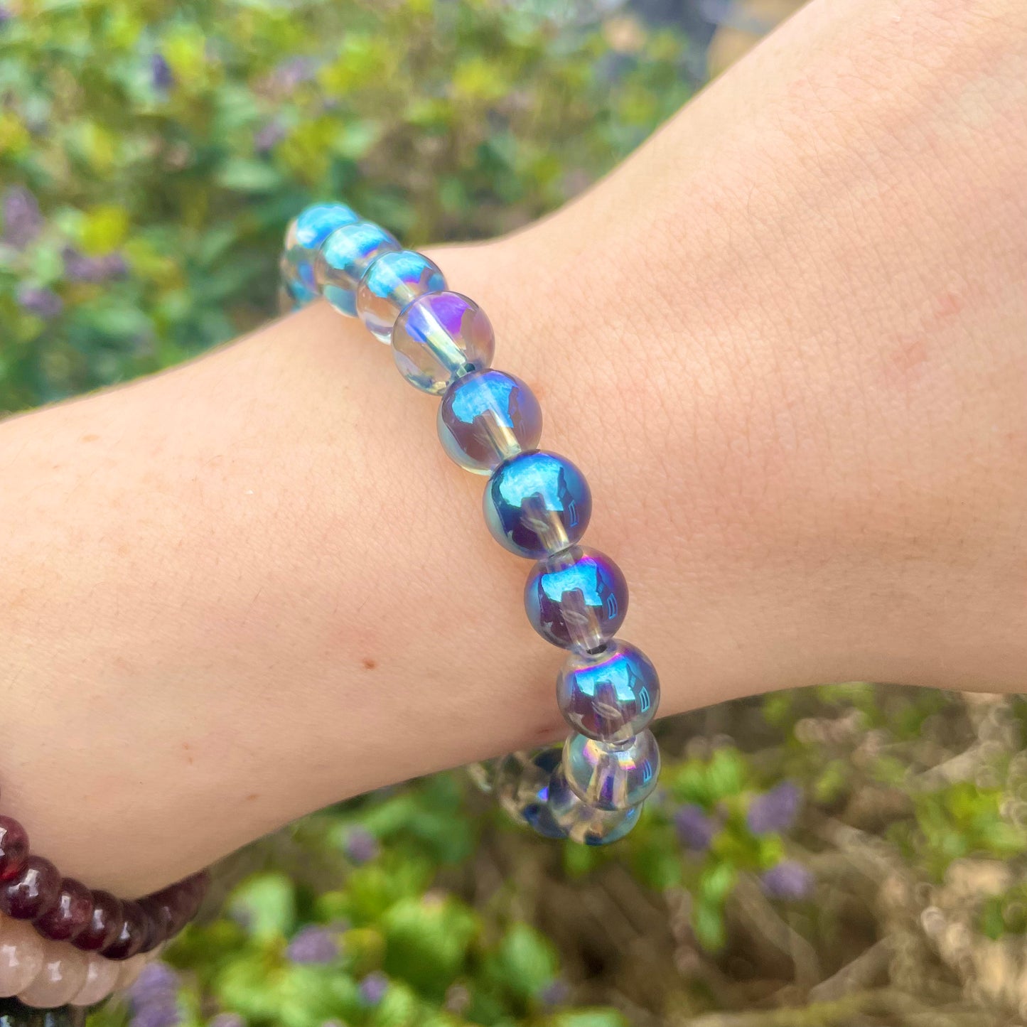 Blue Titanium Aura Quartz Beaded Bracelet 💙🌈