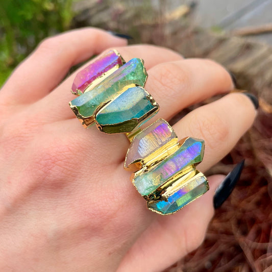 Triple Rainbow Aura Quartz Adjustable Rings