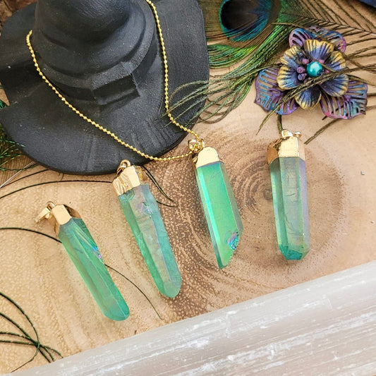 Green Apple Aura Quartz Raw Point Pendant