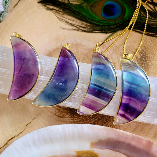 Rainbow Fluorite Crescent Moon Pendant