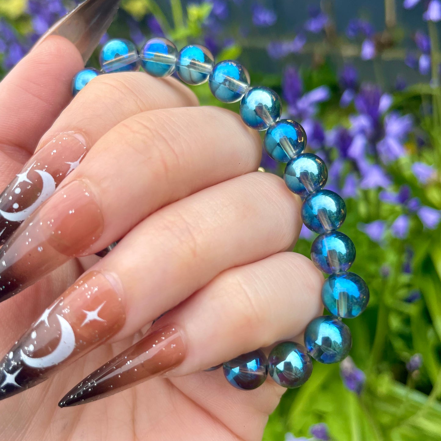 Blue Titanium Aura Quartz Beaded Bracelet 💙🌈