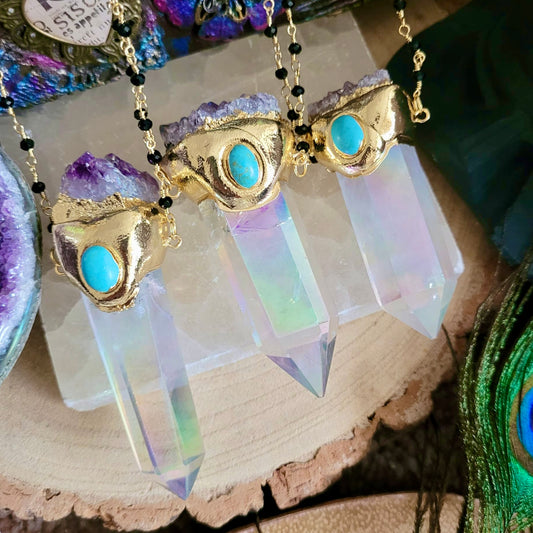 Angel Aura Quartz Point Pendant with Amethyst Cluster & Turquoise Howlite