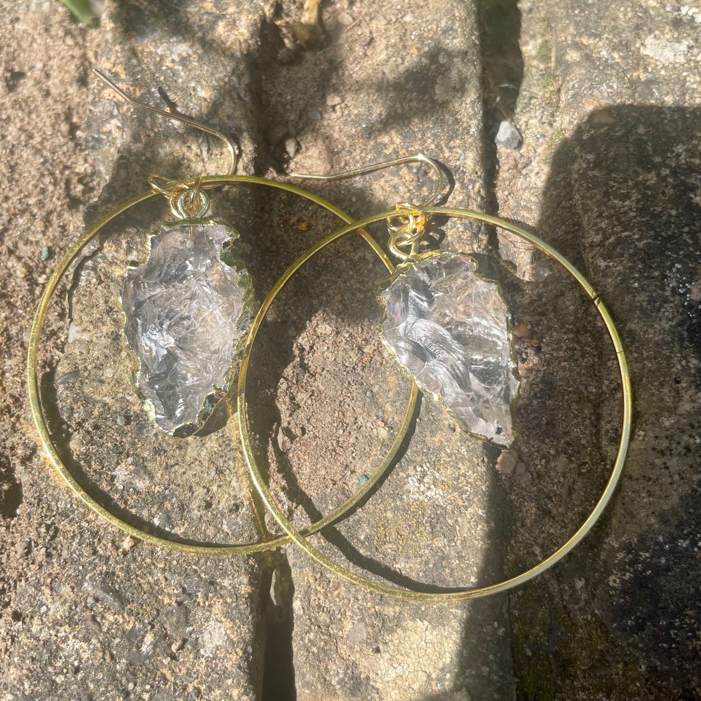 Clear Quartz Raw Arrow Gold Hoop Earrings