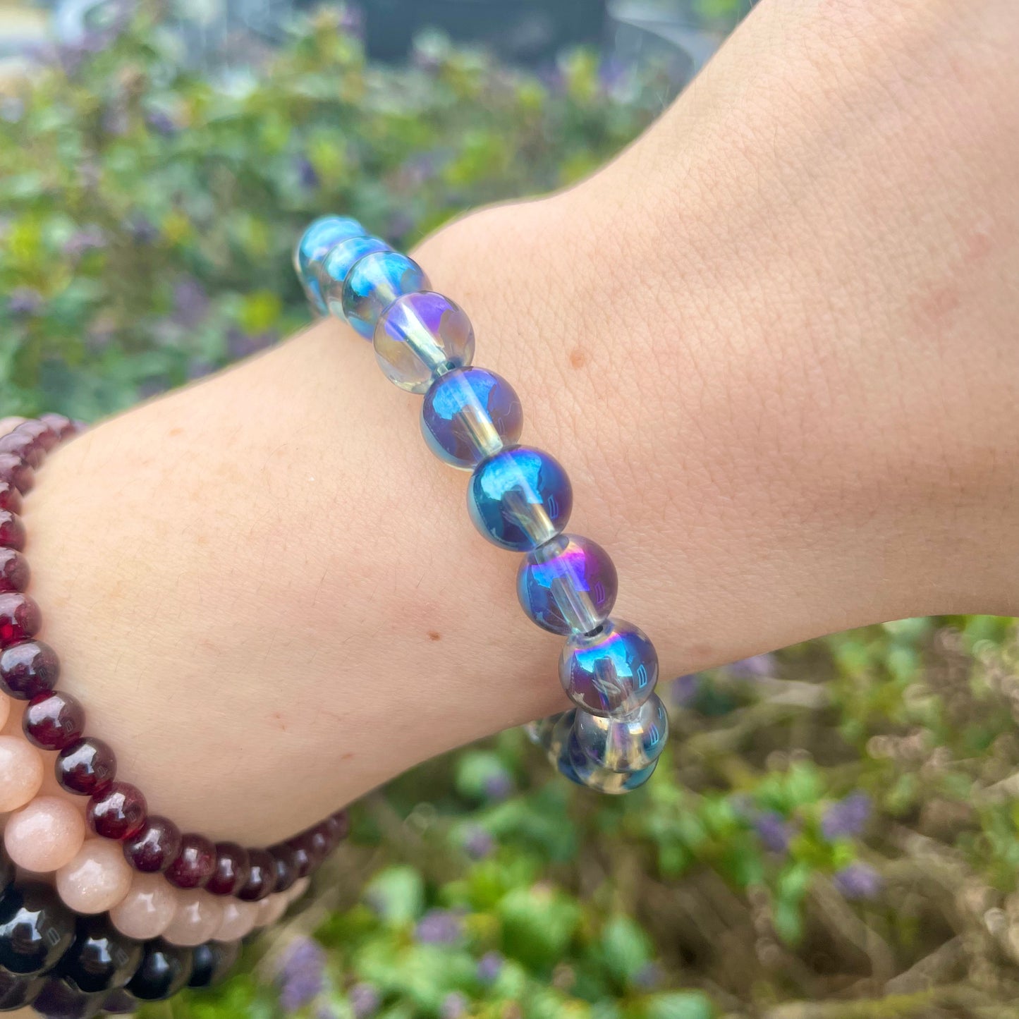 Blue Titanium Aura Quartz Beaded Bracelet 💙🌈