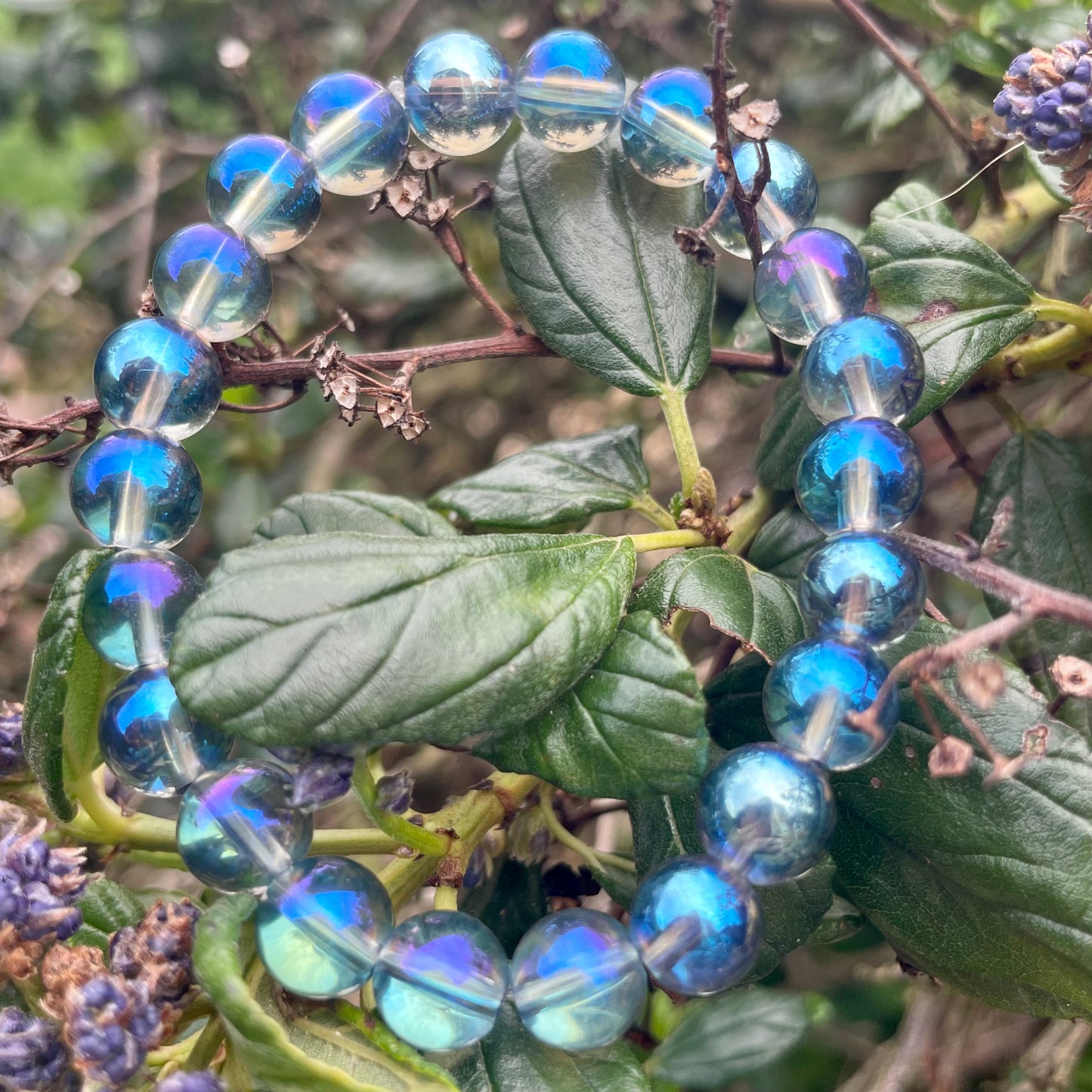 Blue Titanium Aura Quartz Beaded Bracelet 💙🌈