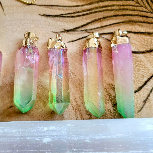 Rainbow Aura Quartz Raw Point Pendant