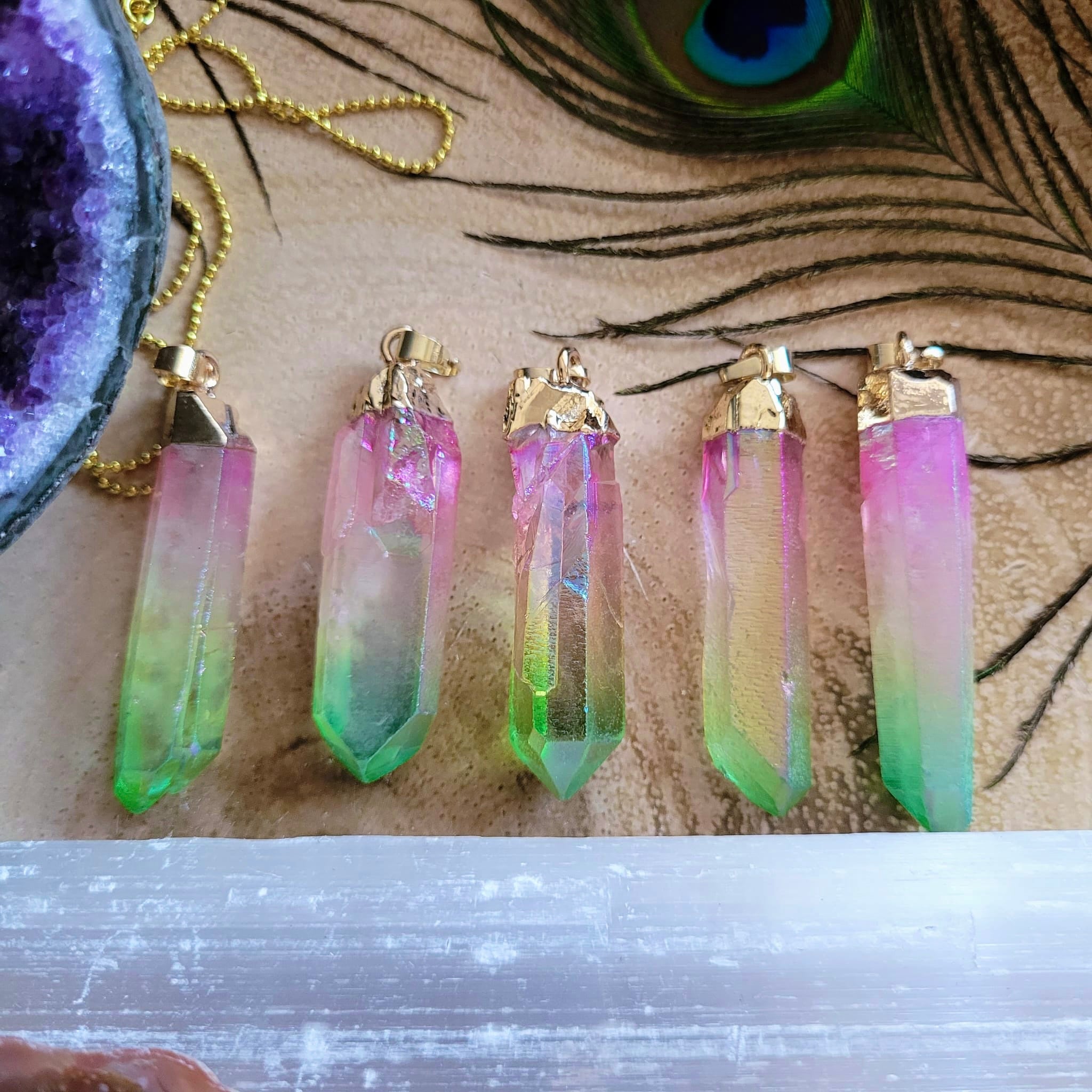 Rainbow Solar Quartz Pendant online ,Natural Rainbow Solar Quartz Gemstone Ethnic Style Style 925 Gold plated Handmade Pendant 1.7