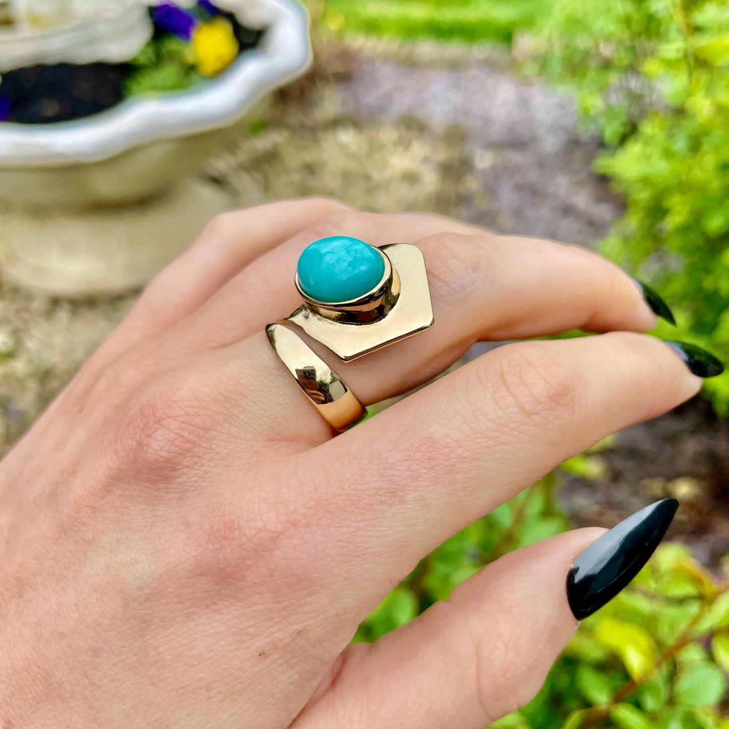 Amazonite Gold Cuff Style Adjustable Ring