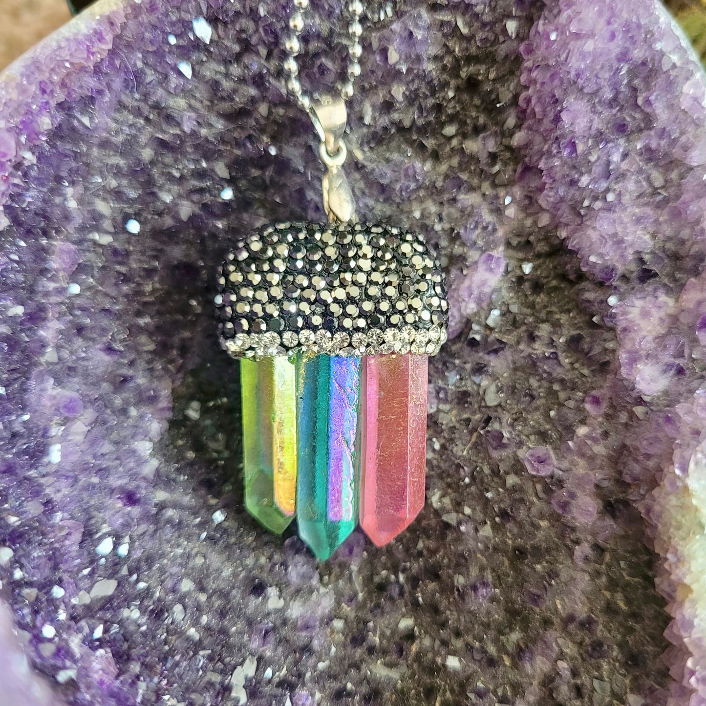 Rainbow Aura Quartz Triple Raw Point Pendant