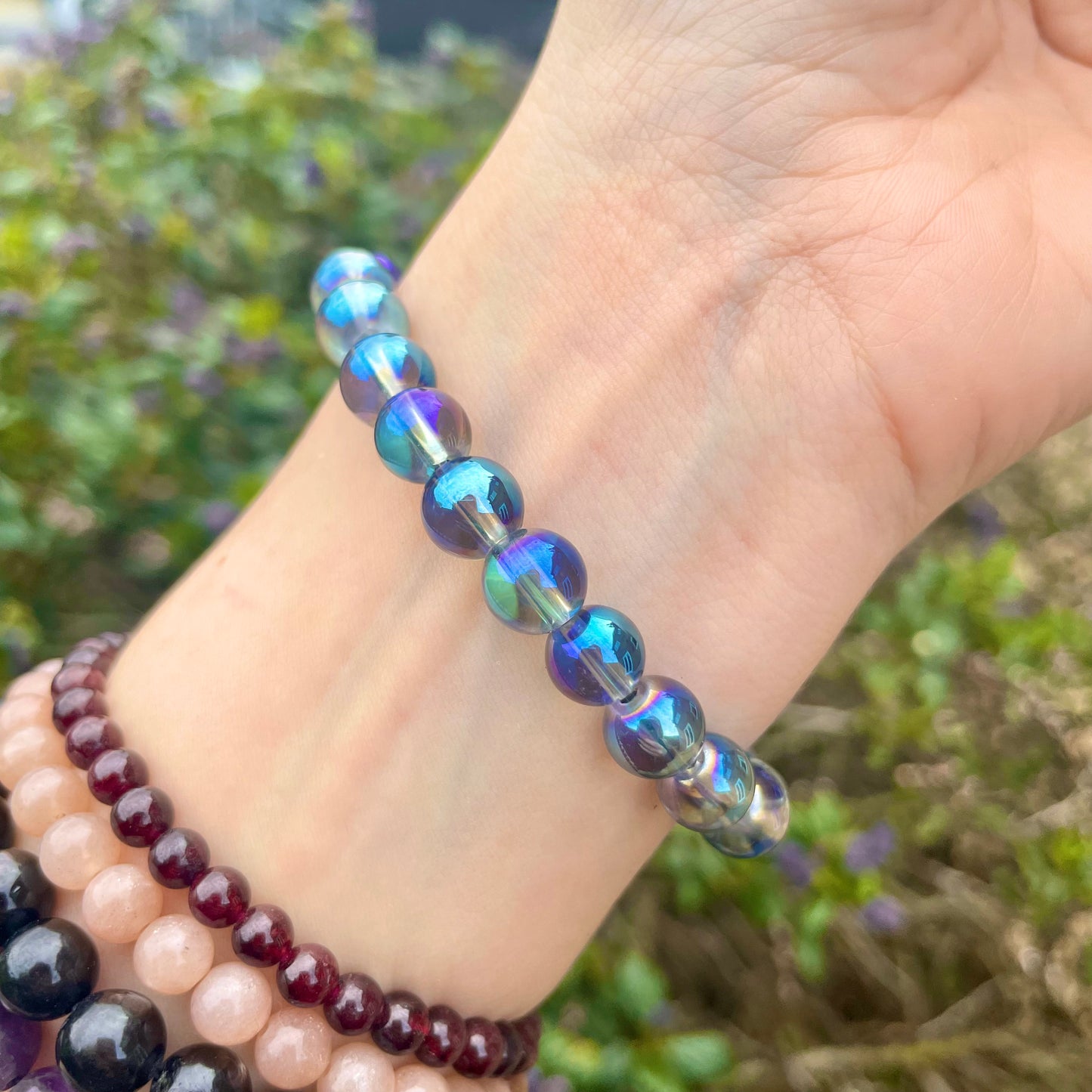 Blue Titanium Aura Quartz Beaded Bracelet 💙🌈