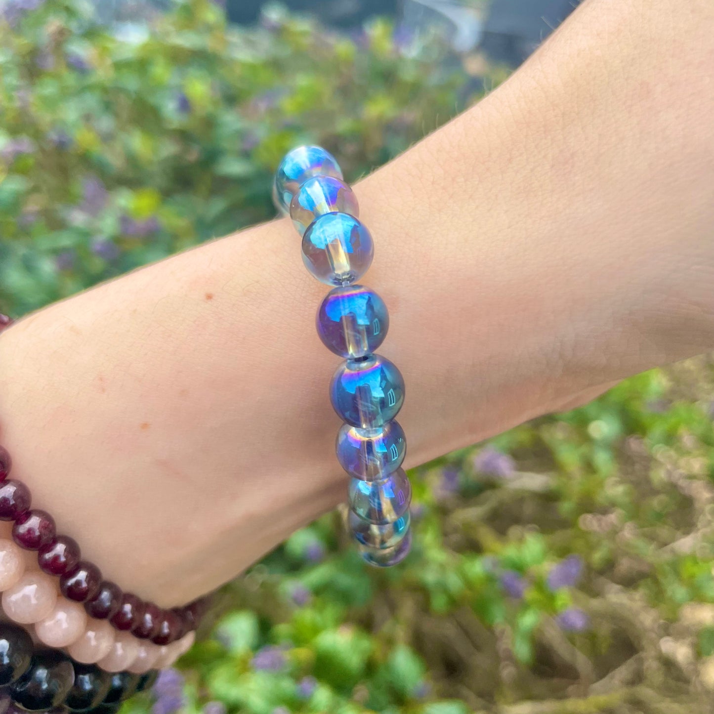 Blue Titanium Aura Quartz Beaded Bracelet 💙🌈