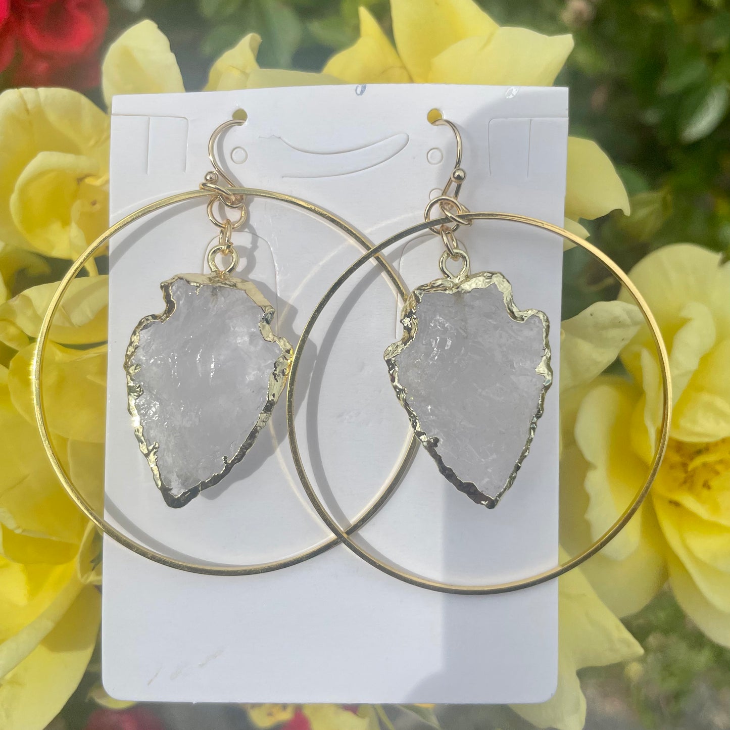 Clear Quartz Raw Arrow Gold Hoop Earrings