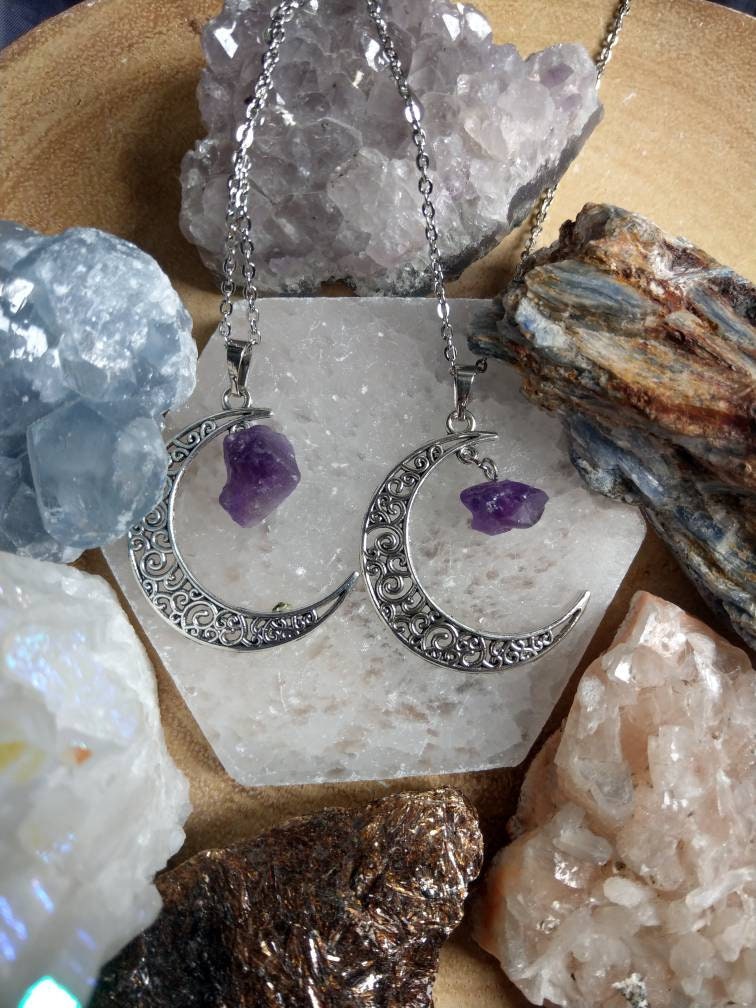 Amethyst Raw Stone Crescent Moon Necklace