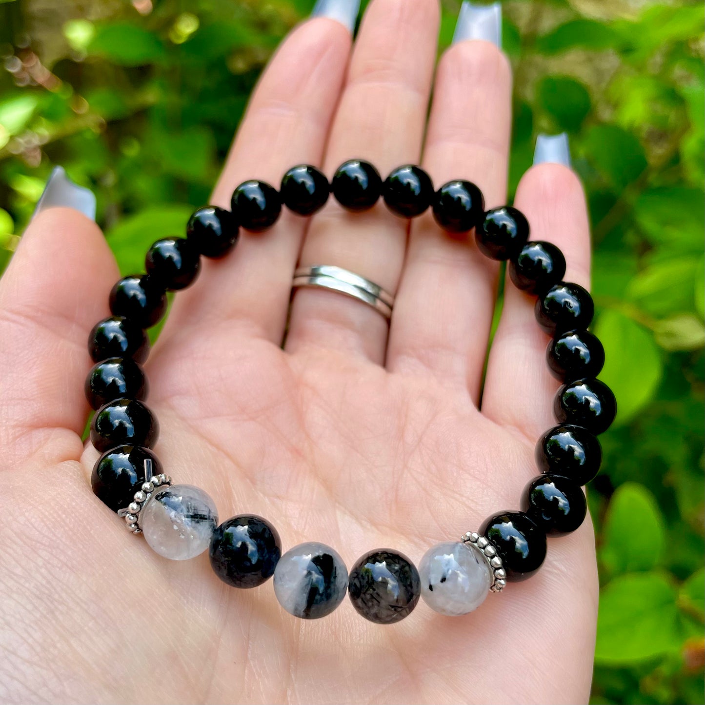 Black Tourmaline and Rutilated Quartz Beaded Bracelet 🖤🤍🖤