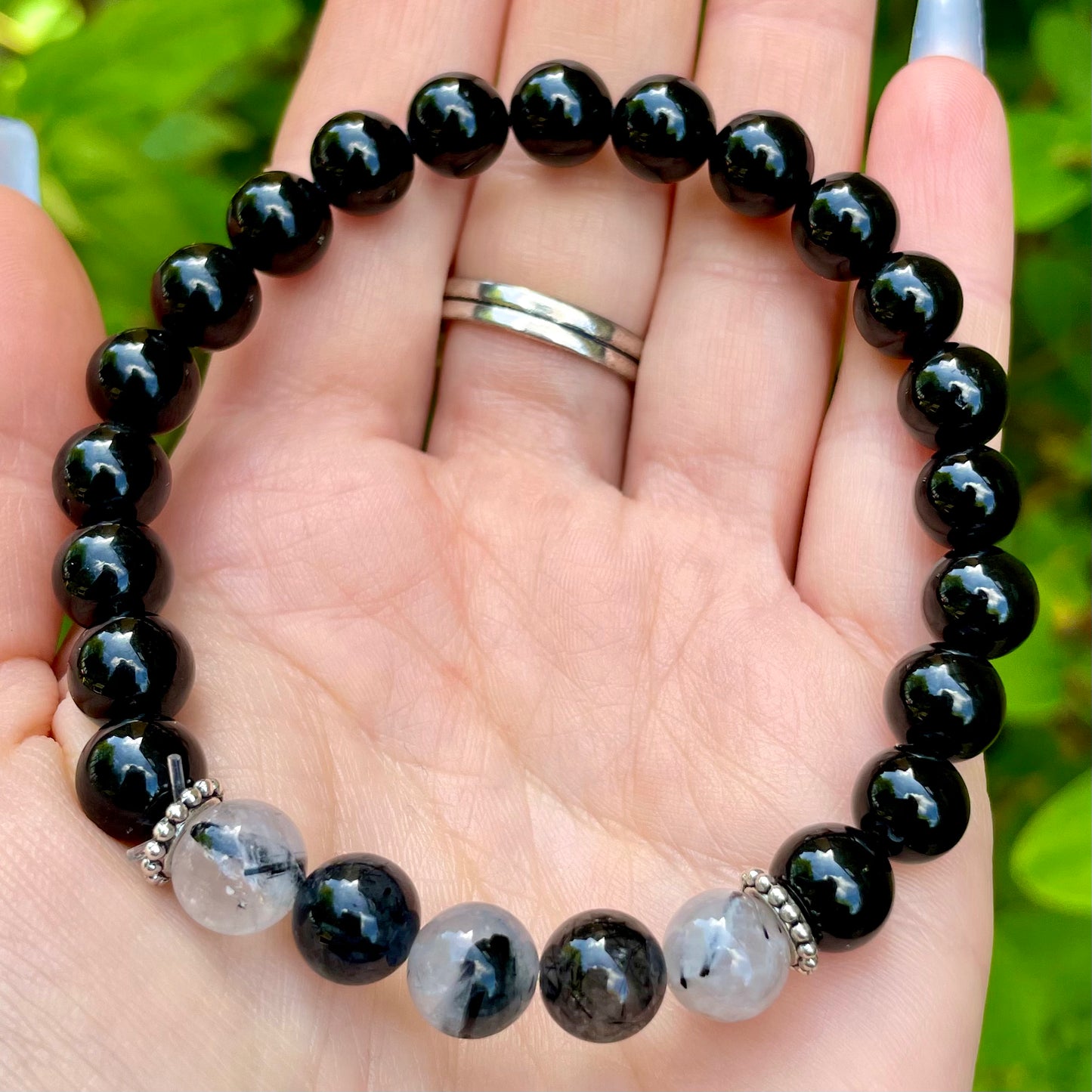 Black Tourmaline and Rutilated Quartz Beaded Bracelet 🖤🤍🖤