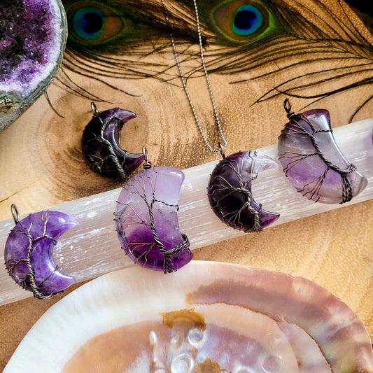 Amethyst Crescent Moon Wire Wrapped Pendants