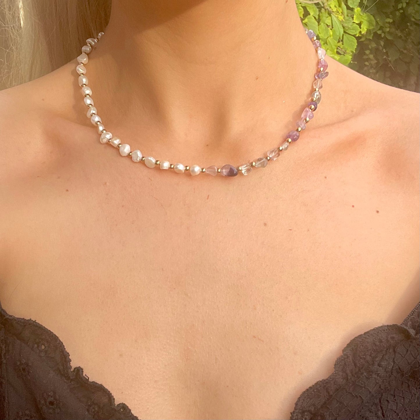 Fluorite and Pearl Choker Necklace