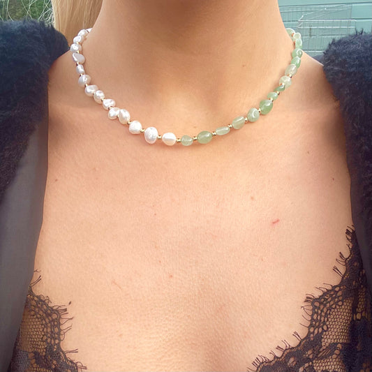 Green Aventurine and Pearl Choker Necklace