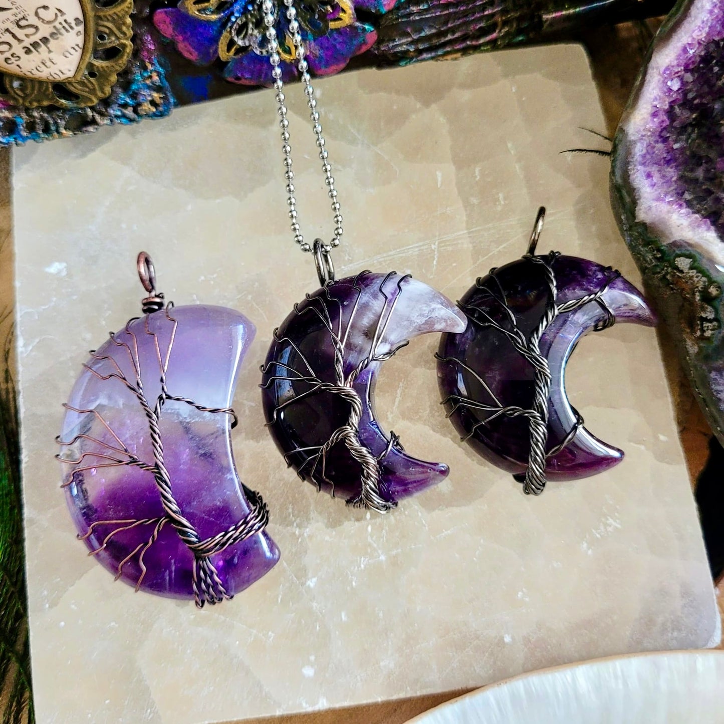 Amethyst Crescent Moon Wire Wrapped Pendants