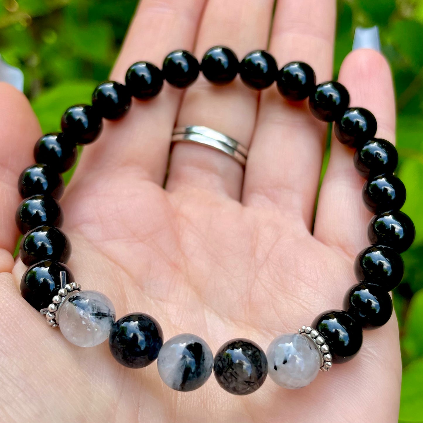 Black Tourmaline and Rutilated Quartz Beaded Bracelet 🖤🤍🖤