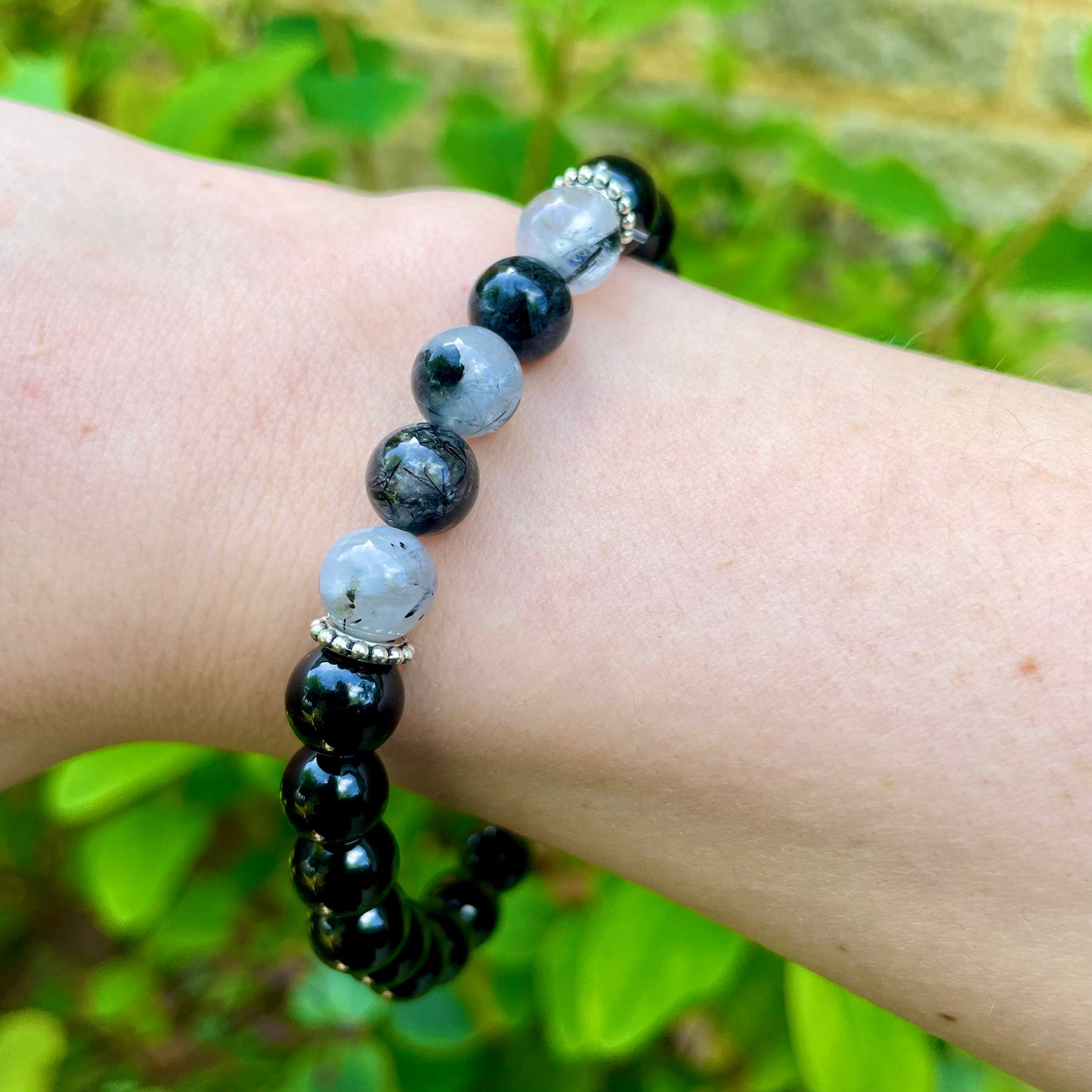 Black Tourmaline and Rutilated Quartz Beaded Bracelet 🖤🤍🖤