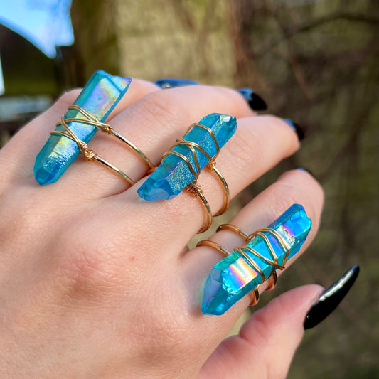 Aqua Aura Quartz Wire Wrapped Ring 🦋💍✨