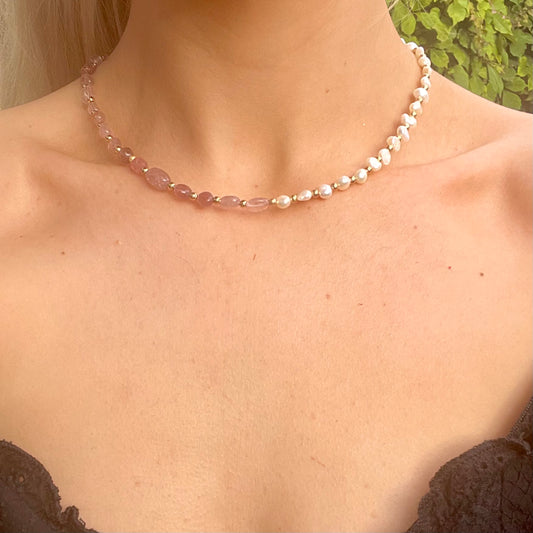 Strawberry Quartz and Pearl Choker Necklace