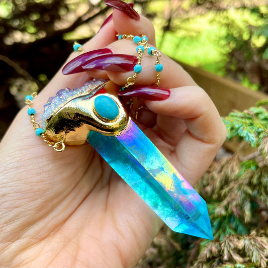 Aqua Aura Quartz & Amethyst Druzy Cluster Point Pendant 🦋💜🌈