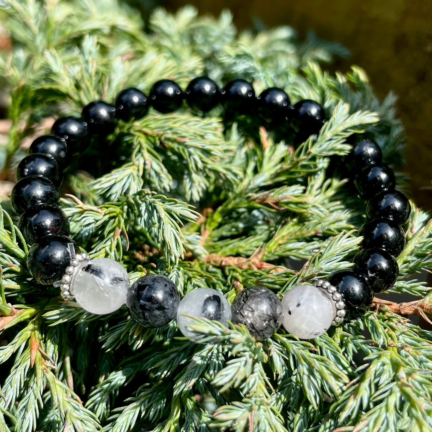 Black Tourmaline and Rutilated Quartz Beaded Bracelet 🖤🤍🖤