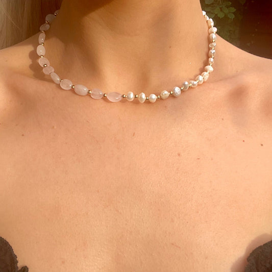 Rose Quartz and Pearl Choker Necklace