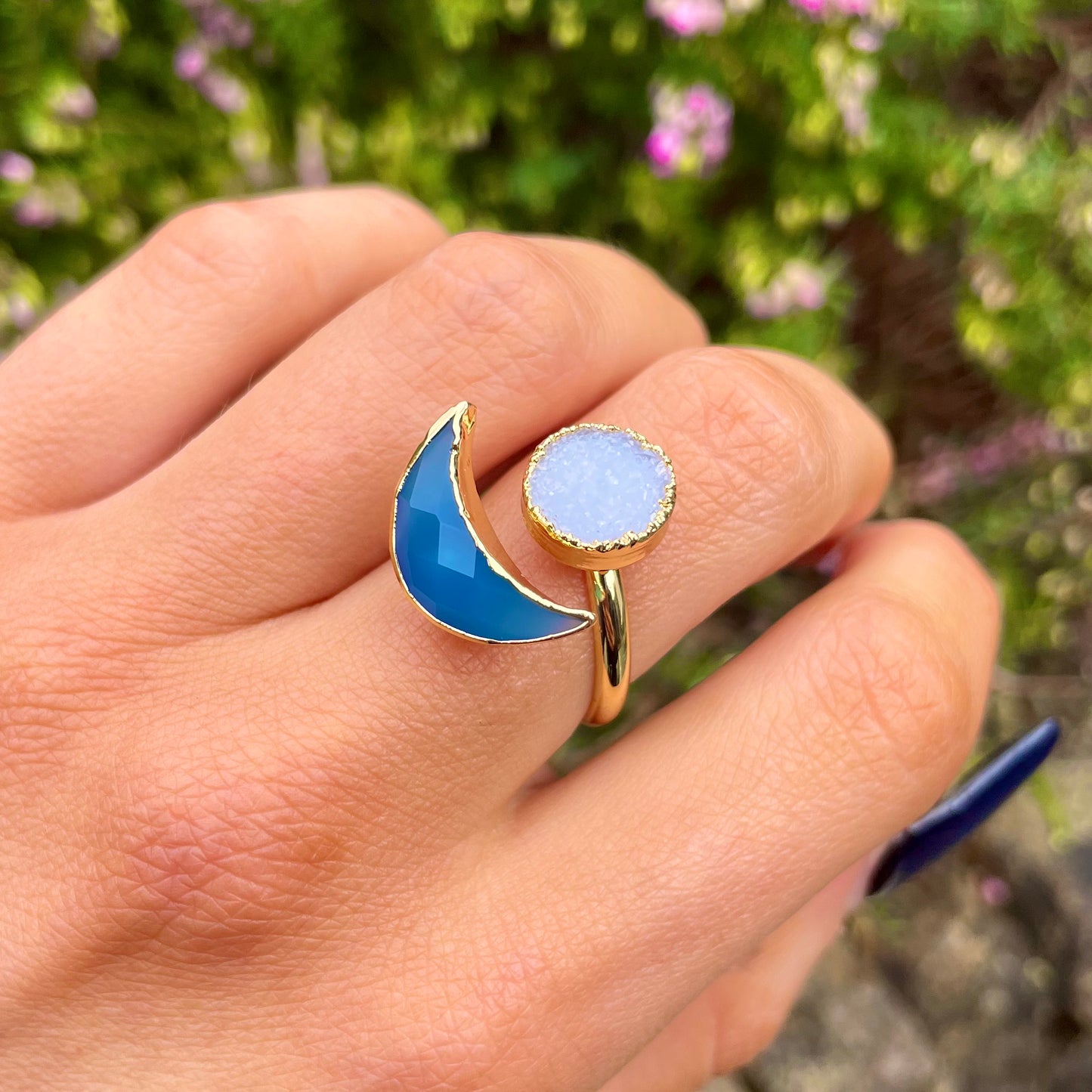 Druzy Quartz and Blue Agate Celestial Moon Adjustable Ring