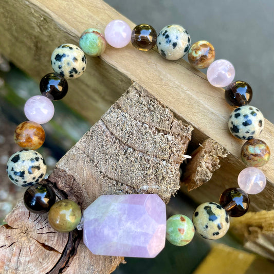 Kunzite, Smoky Quartz, Rose Quartz, Green Opal & Dalmatian Jasper Beaded Bracelet 💖🤎💛