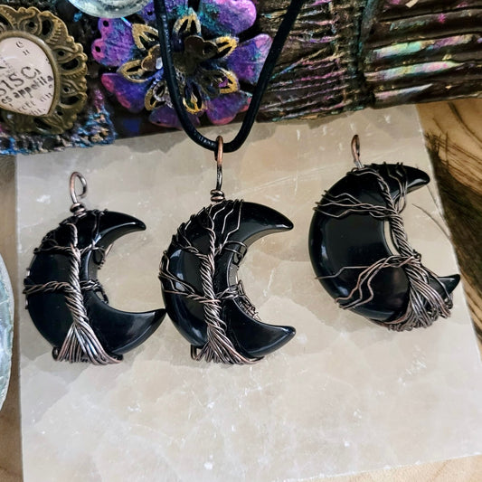 Black Obsidian Crescent Moon Wire Wrapped Pendants