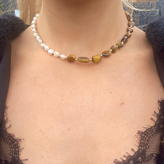 Tigers Eye and Pearl Choker Necklace