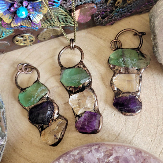 Fluorite, Citrine and Amethyst Antique Raw Stone Pendant