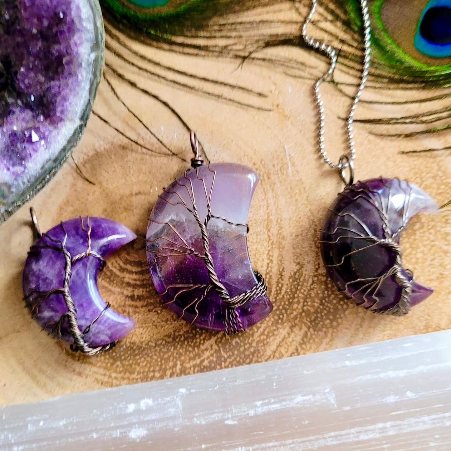 Amethyst Crescent Moon Wire Wrapped Pendants