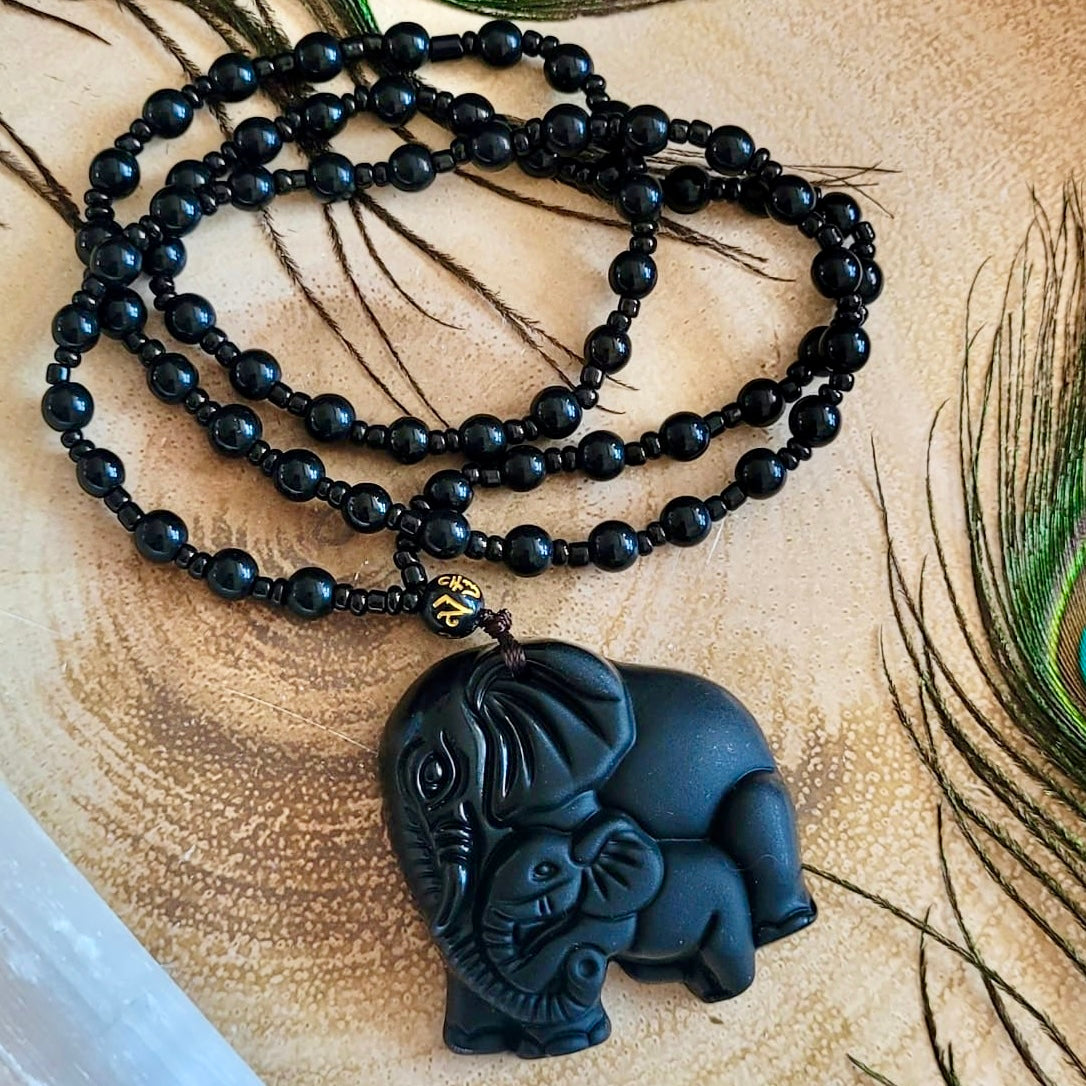 Black Obsidian Adjustable Mother And Baby Elephant Necklace