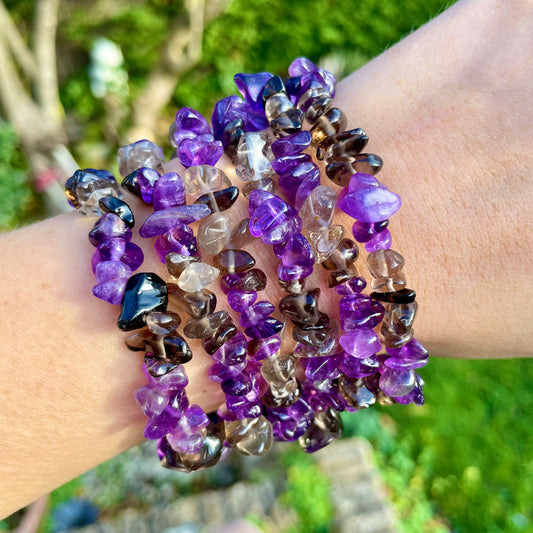 Smoky Quartz and Amethyst Chip Bracelets 🤎💜🤎