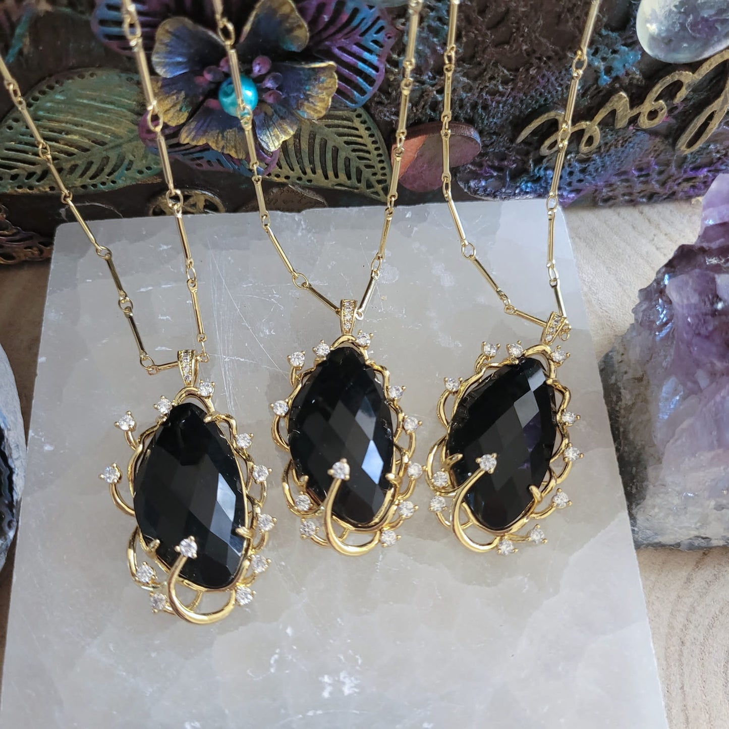 Black Obsidian Diamanté Detail Pendant