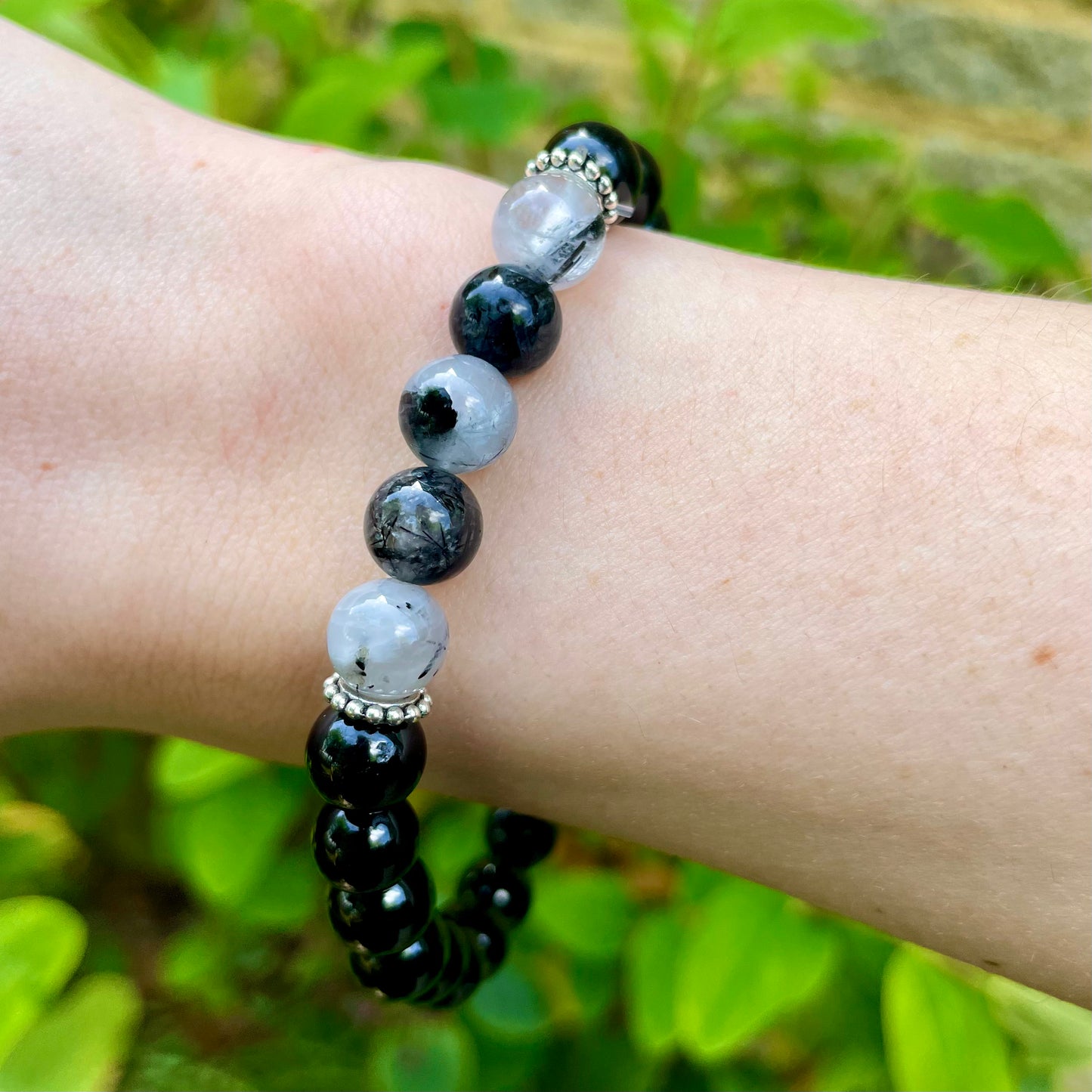 Black Tourmaline and Rutilated Quartz Beaded Bracelet 🖤🤍🖤